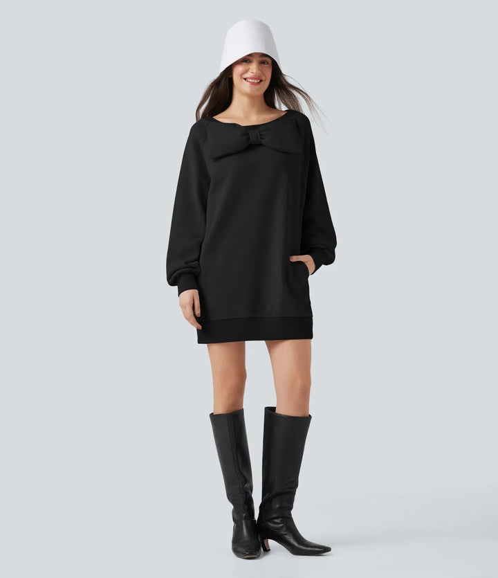 Bow Boat Neck Long Sleeve Casual Cotton Sweatshirt with Pockets