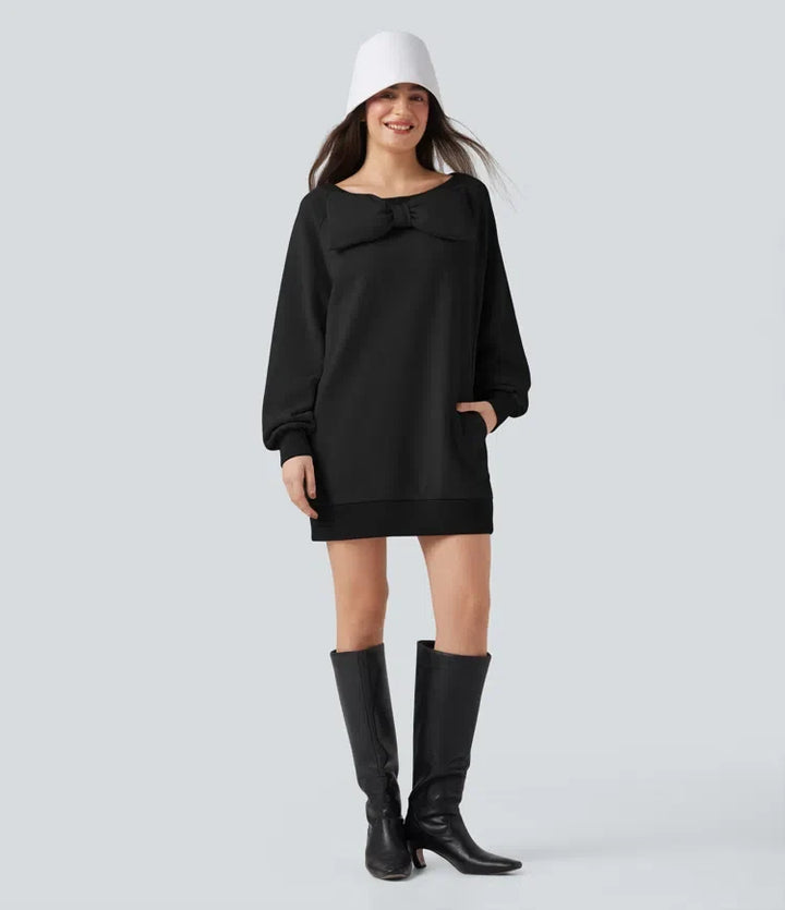 Bow Boat Neck Long Sleeve Casual Cotton Sweatshirt with Pockets