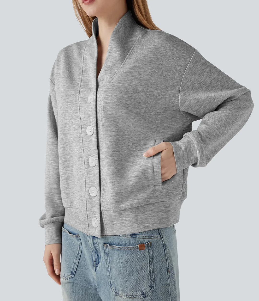 V-neck Long Sleeve Button Fly Casual Sweatshirt with Pockets