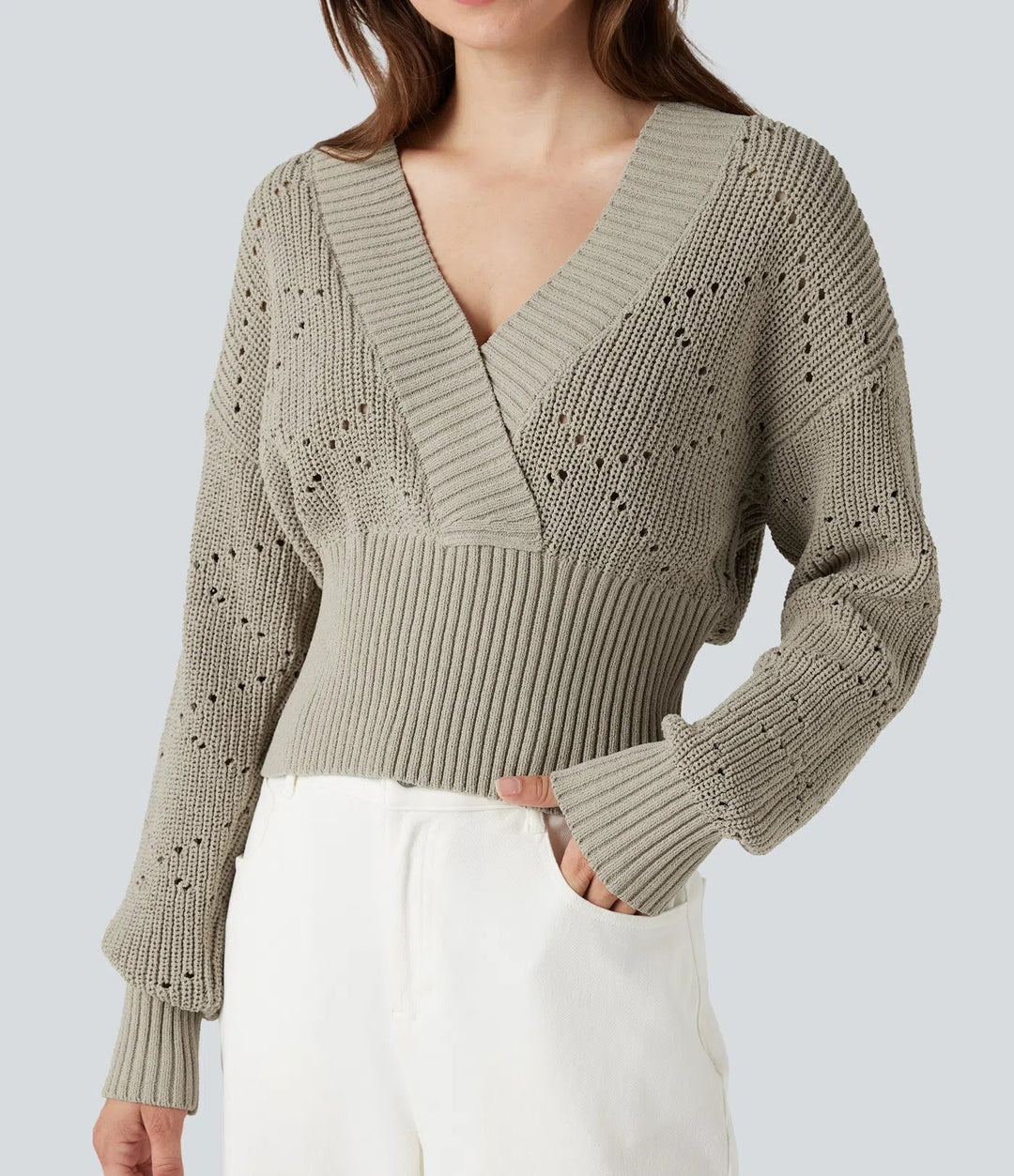 V-neck Long Sleeve Hollow Out Work Jumper