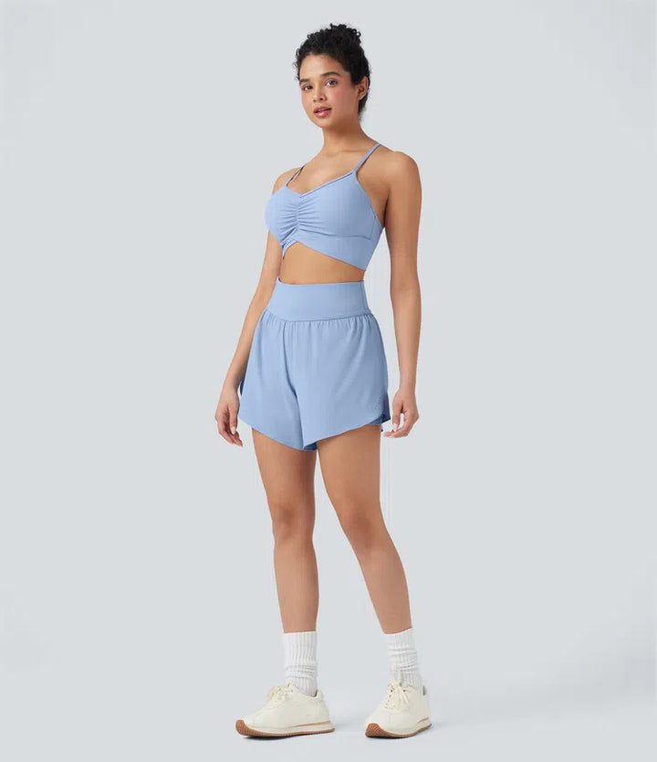 SoftlyZero QuickDry High Waisted Tummy Control Reflective Dots Crossover Hem 2-in-1 Running Shorts 5&