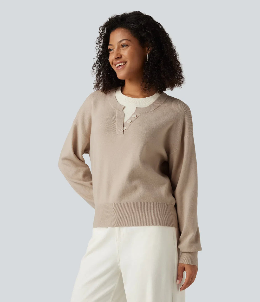 Round Neck Dropped Long Sleeve Color Block Work Jumper