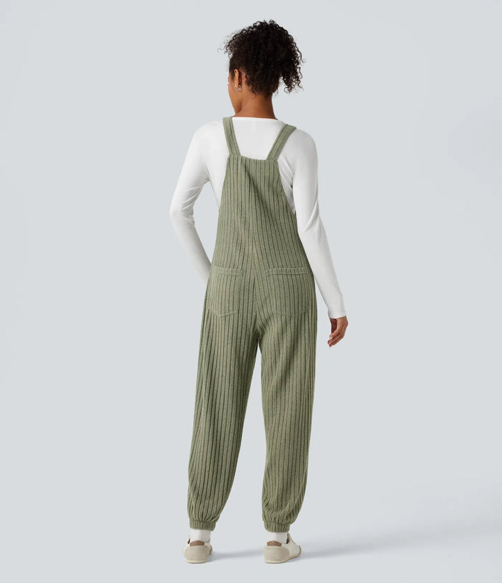 Ribbed Knit Adjustable Straps Casual Joggers Overalls with Pockets
