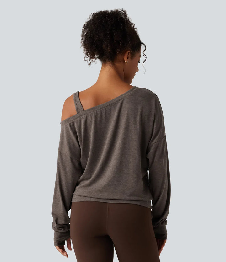 One Shoulder Long Sleeve Thumb Hole Yoga Sports Top