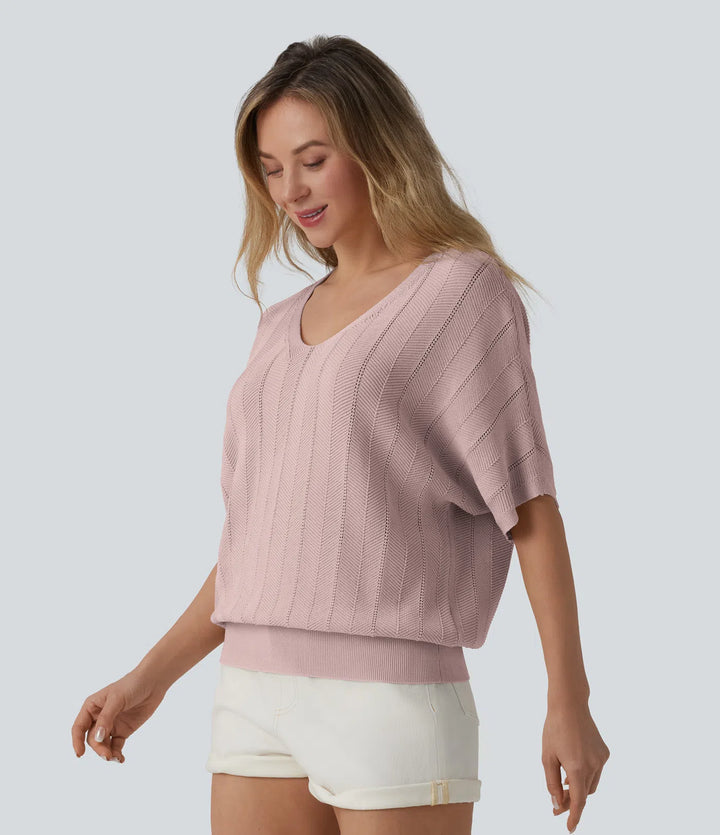 V Neck Short Sleeve Casual Jumper