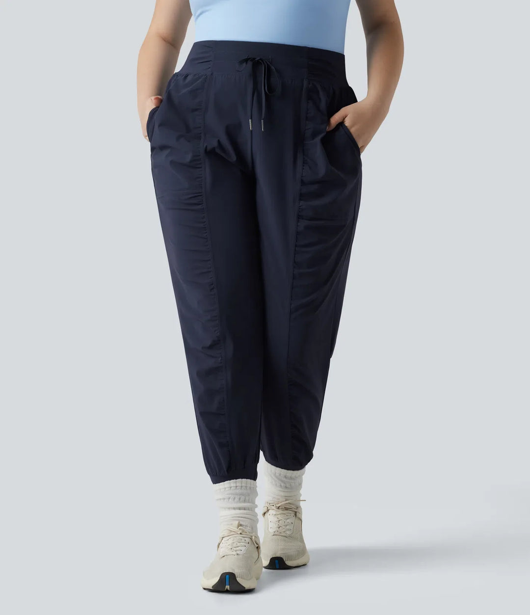 Plus Size High Waisted Drawstring Ruched Tapered Quick Dry Cool Touch Dance Joggers with Pockets-UPF40+