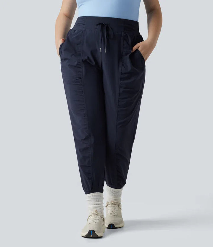 Plus Size High Waisted Drawstring Ruched Tapered Quick Dry InstantCool Dance Joggers with Pockets-UPF40+