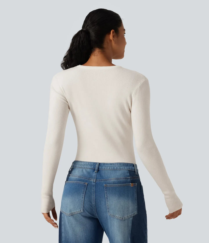 Round Neck Long Sleeve Thumb Hole Slim Work Jumper