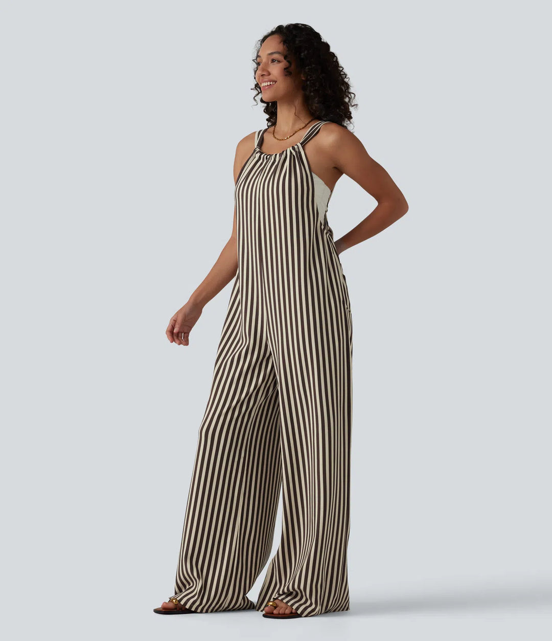 Tie-back Stripes Casual Baggy Dungarees with Pockets