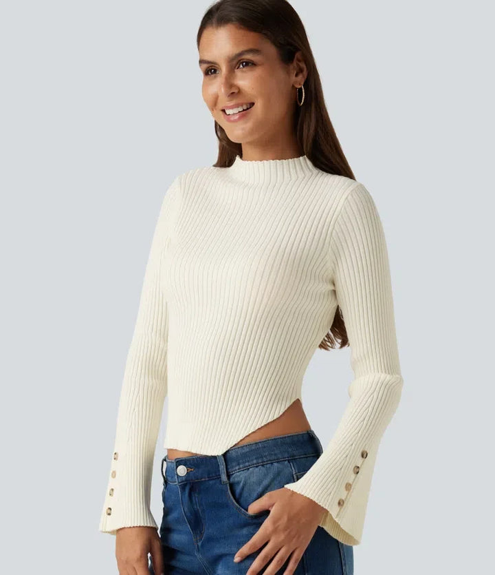 Ribbed Knit Stand Collar Flounce Sleeves Asymmetric Hem Slim Work Jumper
