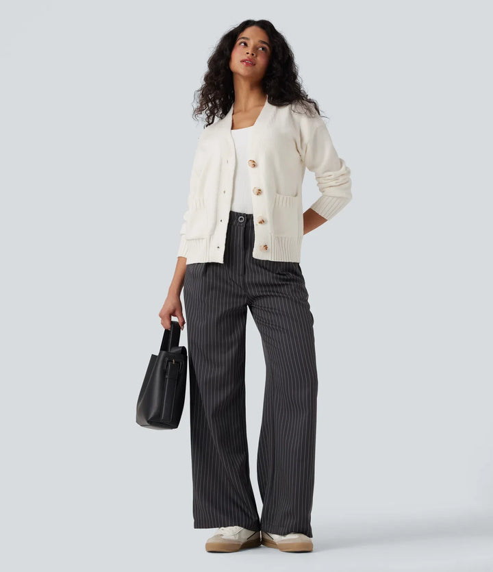 V-neck Long Sleeve Work Cardigan with Pockets