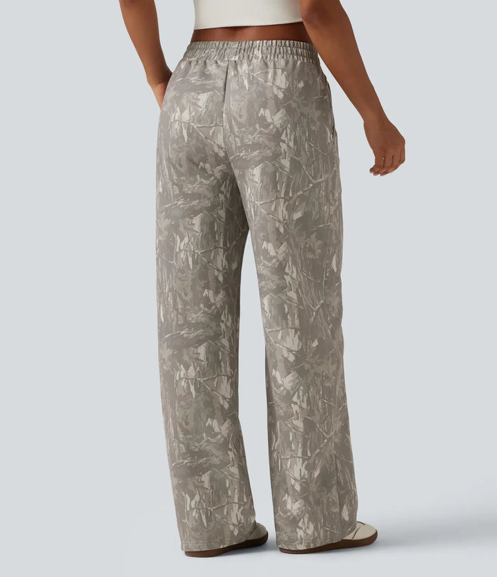 Mid Rise Straight Leg Patterned Inner Drawstring Fleece Casual SweatTrousers with Pockets