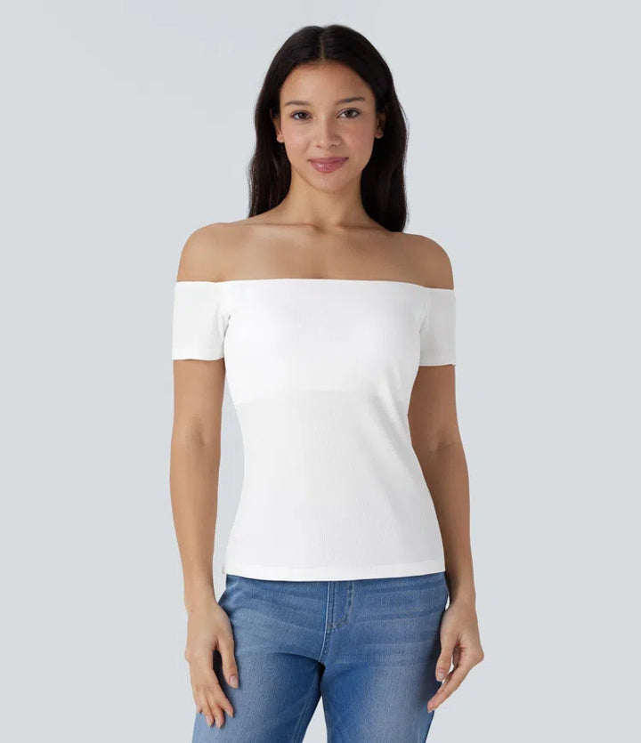 Ribbed Knit Off Shoulder Short Sleeve 2-in-1 Casual Top