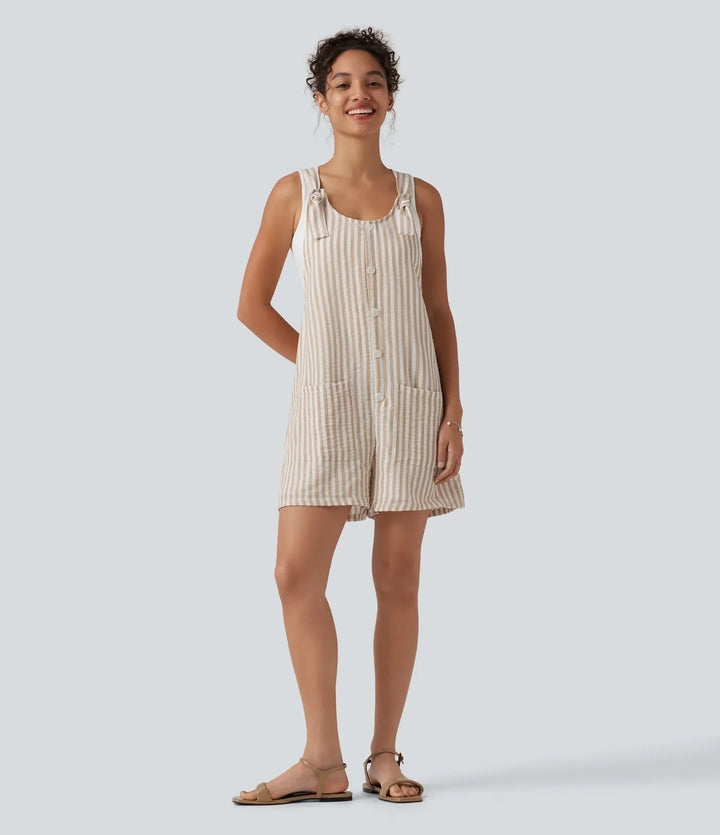 Knot Strap Stripe Casual Linen-Feel Short Overalls with Pockets