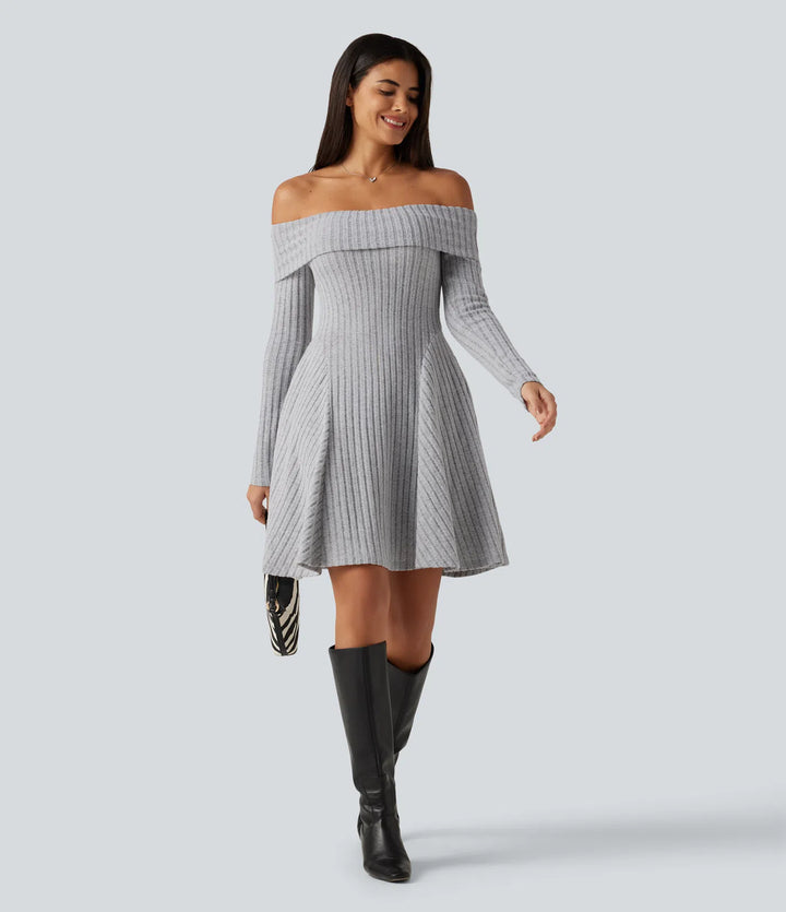 Ribbed Knit Off Shoulder Long Sleeve Built-in Bra Mini Casual Dress with Pockets