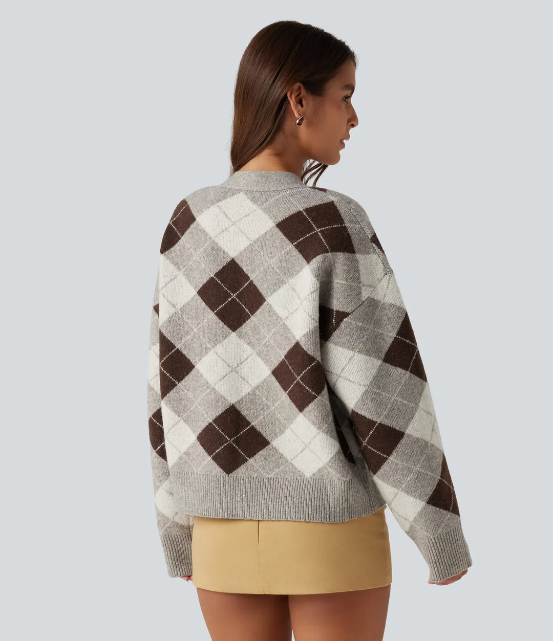 V Neck Long Sleeve Plaid Casual Cardigan
