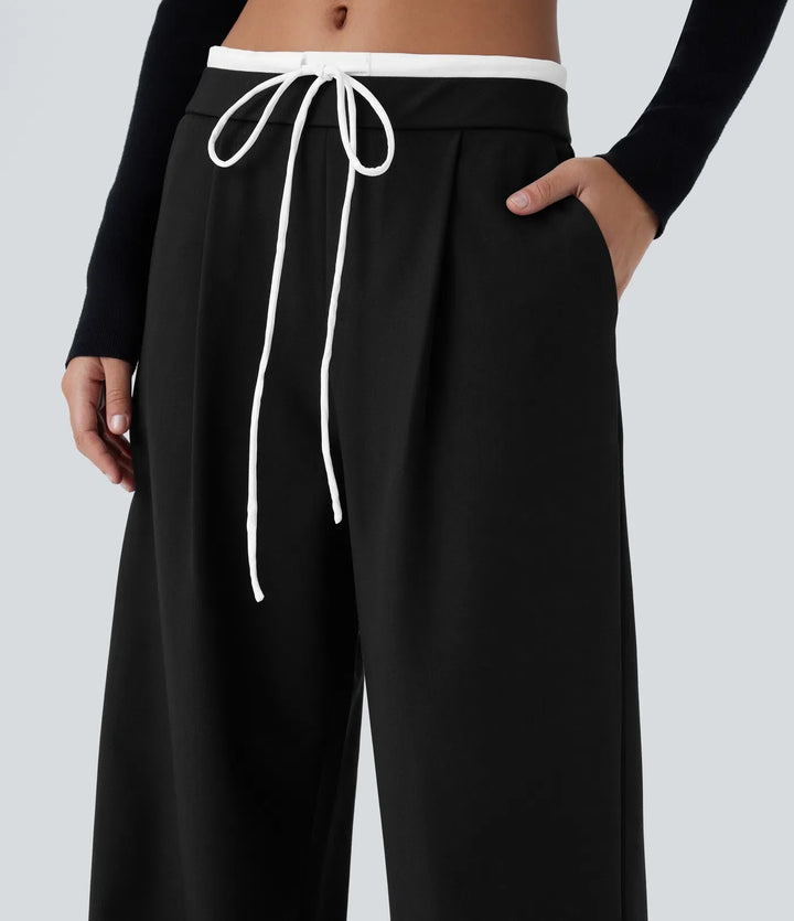 Double-Layer Color Block Low Rise Drawstring Pocket Wide Leg Casual Trousers