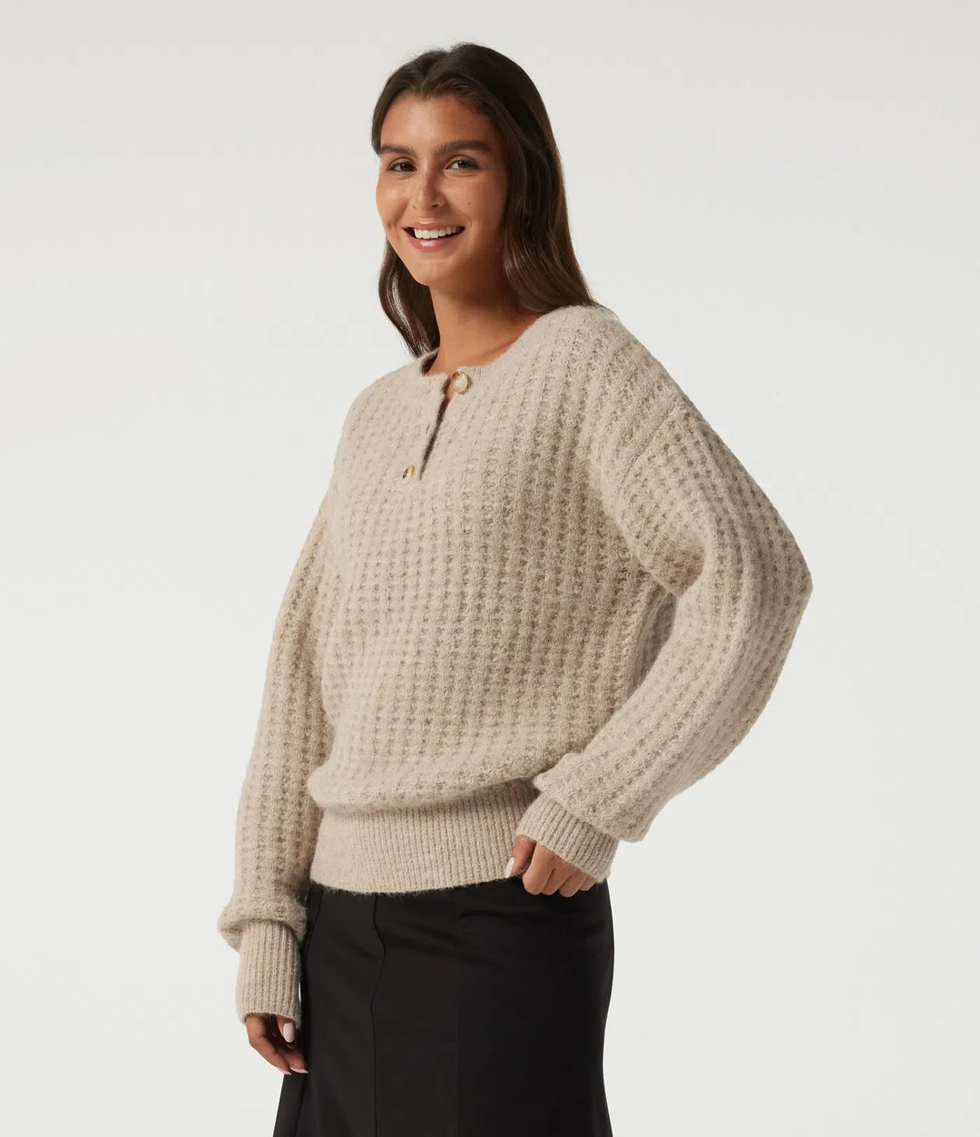 Henley Neck Drop Shoulder Long Sleeve Casual Jumper