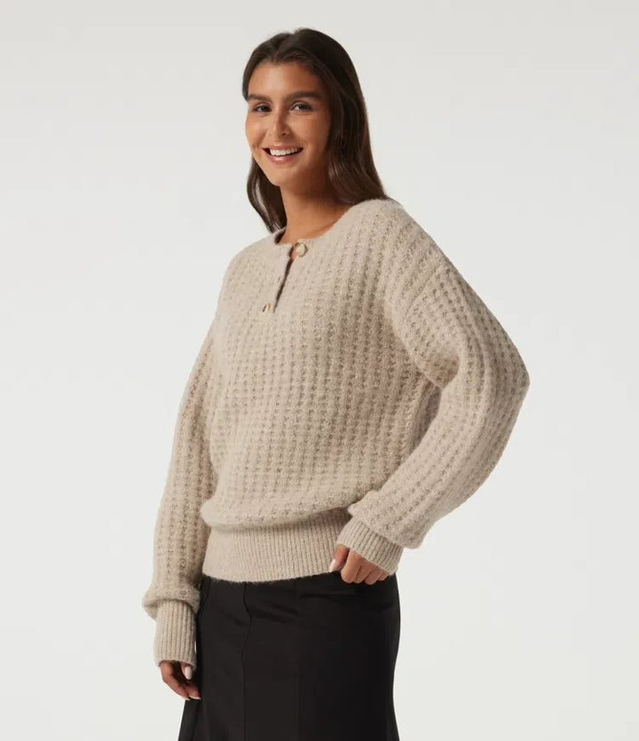 Henley Neck Drop Shoulder Long Sleeve Casual Jumper