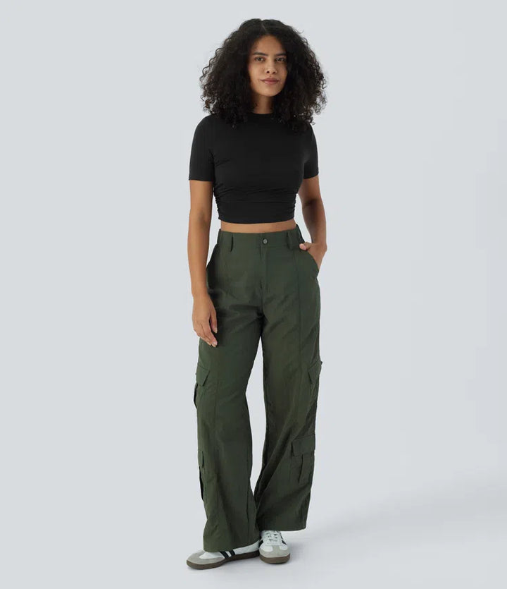 Round Neck Short Sleeve Ruched Skinny Cropped Casual T-Shirt