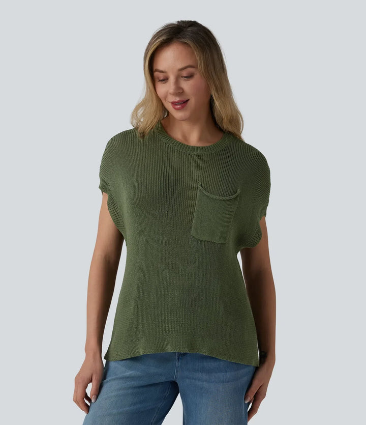 Round Neck Batwing Sleeve Casual Jumper with Pocket