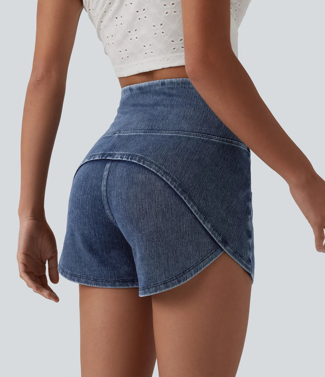 Halara Flex High Waisted Tummy Control Curved Hem Skinny Denim Casual Shorts with Pockets