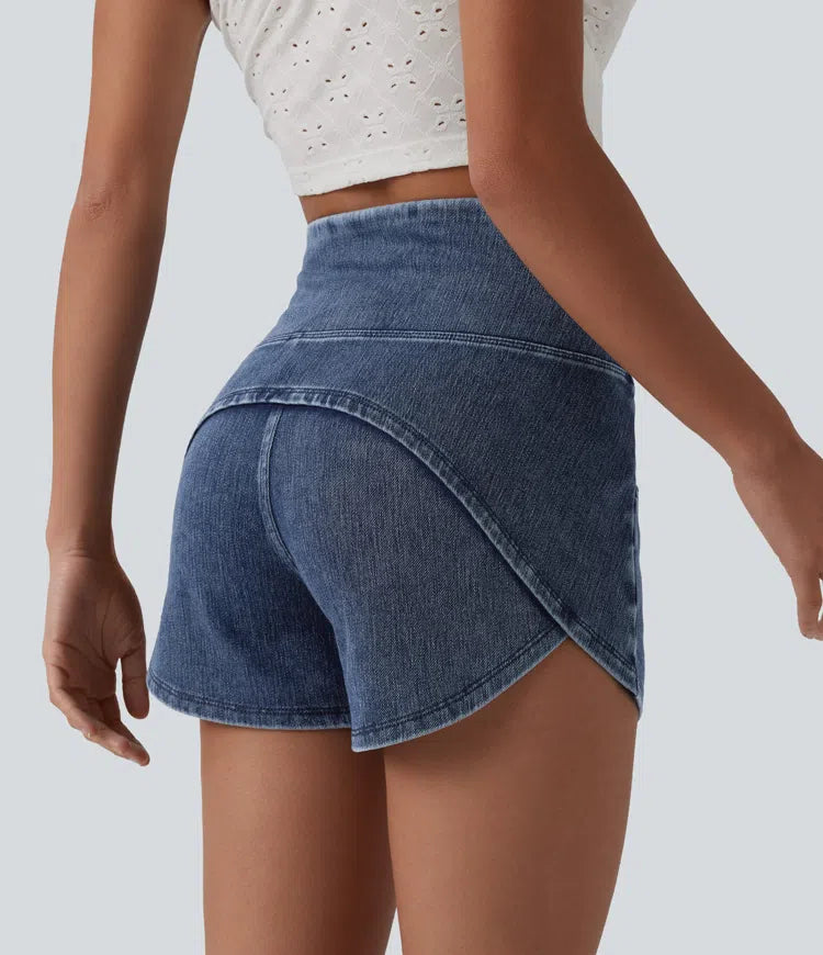Halara Flex High Waisted Tummy Control Curved Hem Skinny Denim Casual Shorts with Pockets