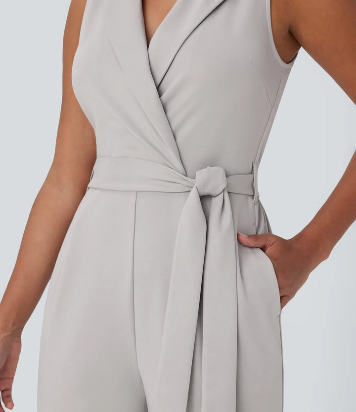 Sleeveless Pockets Belted Tapered Work Jumpsuit