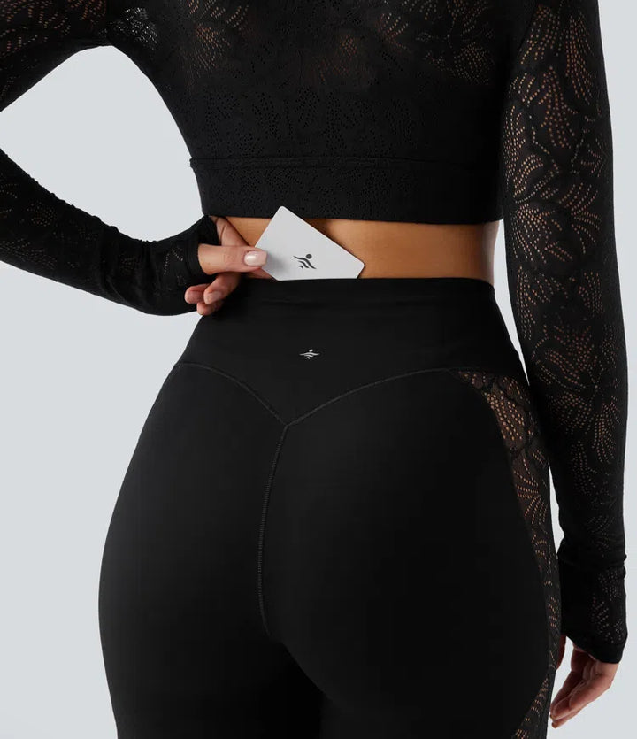 Halara UltraSculpt High Waisted Tummy Control Contrast Lace Yoga Flare Trousers with Pocket