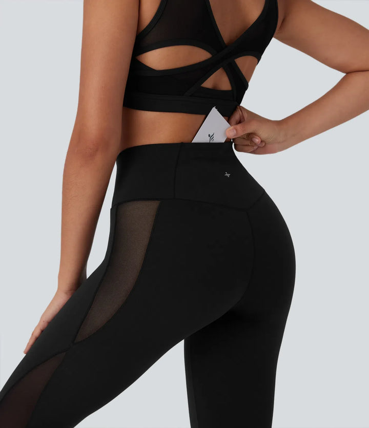SoftlyZero Crossover High Waisted Contrast Mesh Yoga Leggings with Pocket
