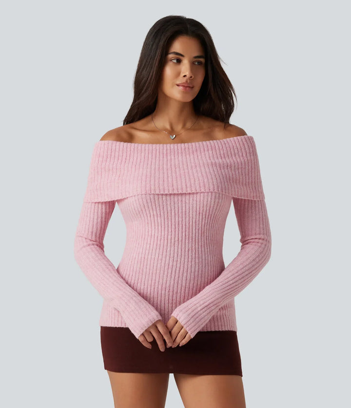 Off Shoulder Long Sleeve Thumb Hole Work Jumper