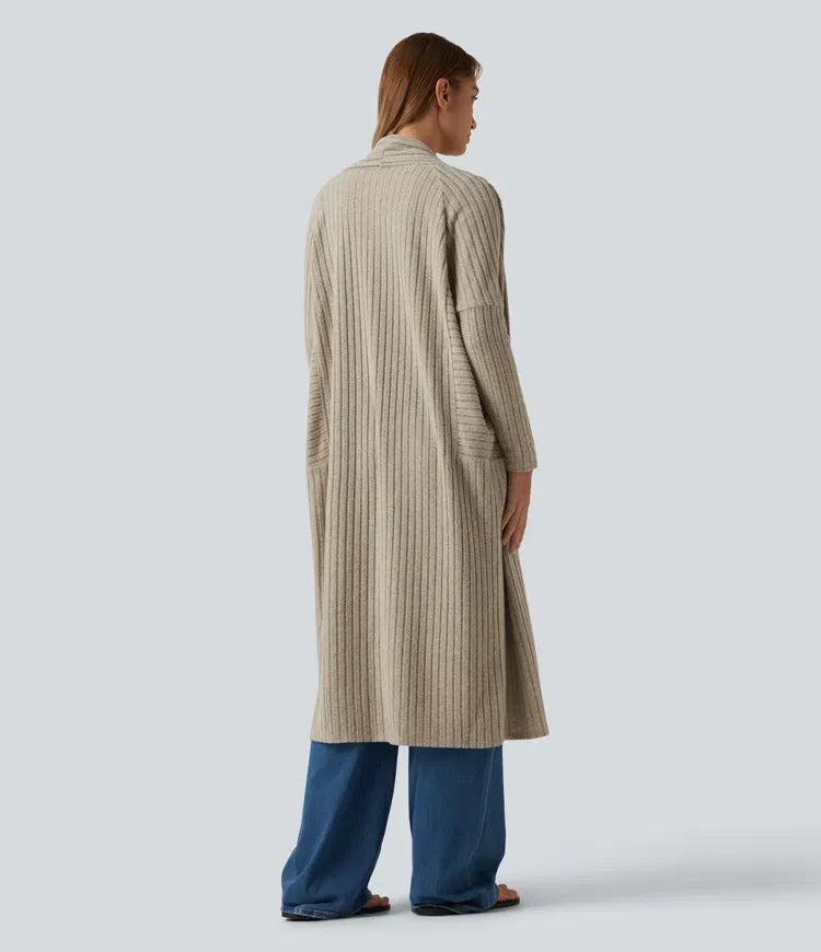 Ribbed Knit Batwing Long Sleeve Belted Casual Longline Cardigan