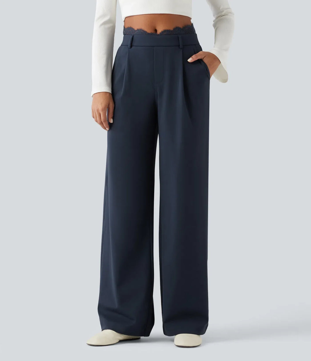 Halara Flex High Waisted Contrast Lace Straight Leg Work Trousers with Pockets