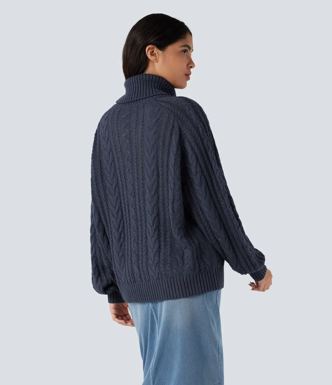 High Neck Long Sleeve Cable Knit Casual Jumper