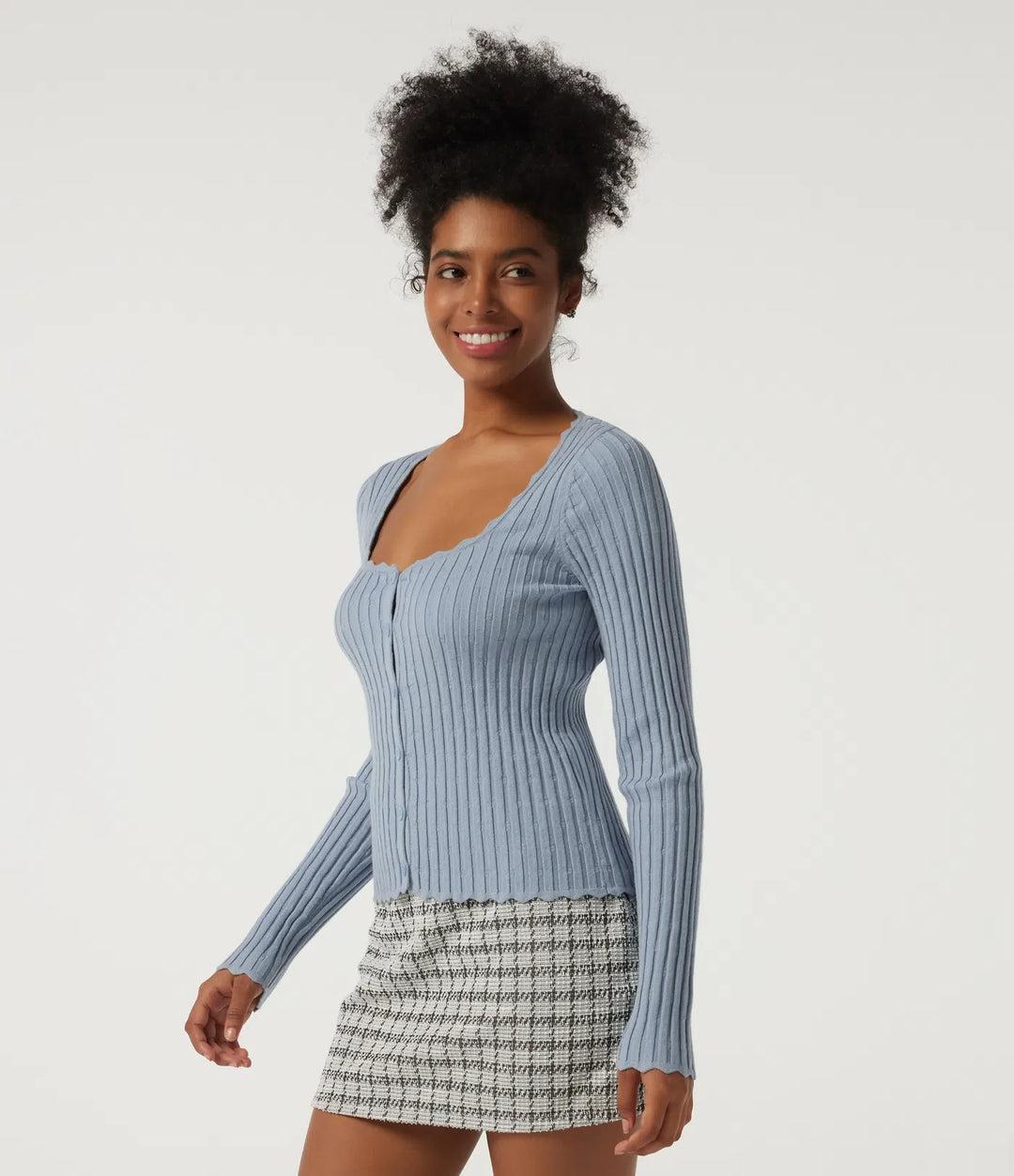 Ribbed Knit Square Neck Long Sleeve Casual Jumper