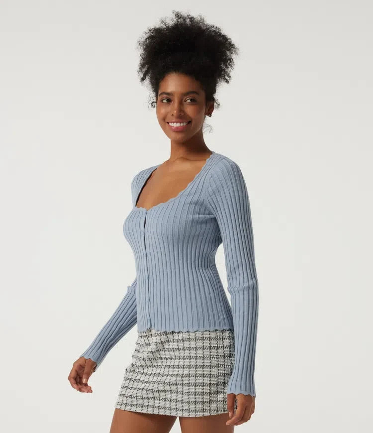 Ribbed Knit Square Neck Long Sleeve Casual Jumper