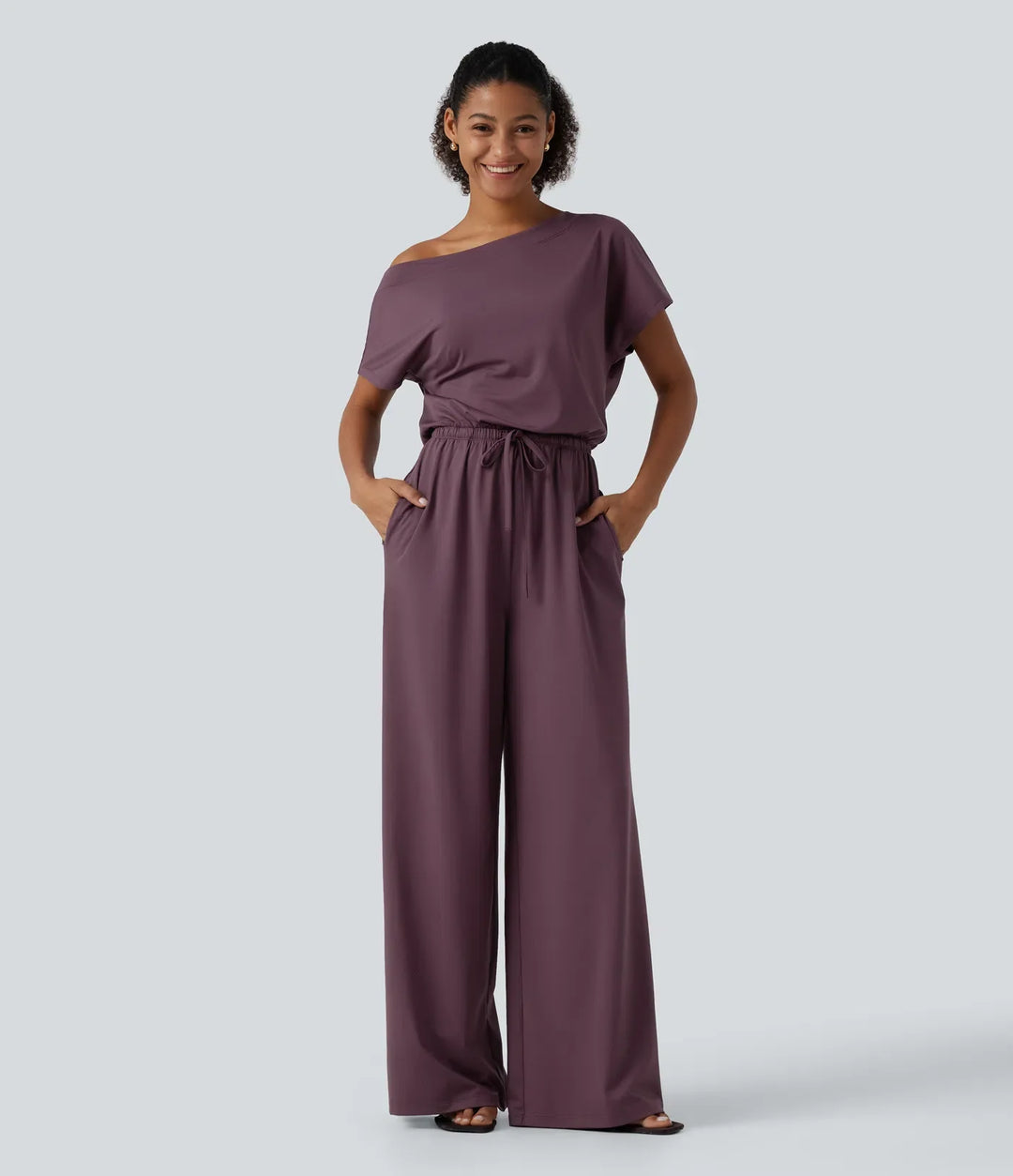 One Shoulder Drawstring Built-in Bra Casual Jumpsuit with Pockets-Easy Peezy Edition