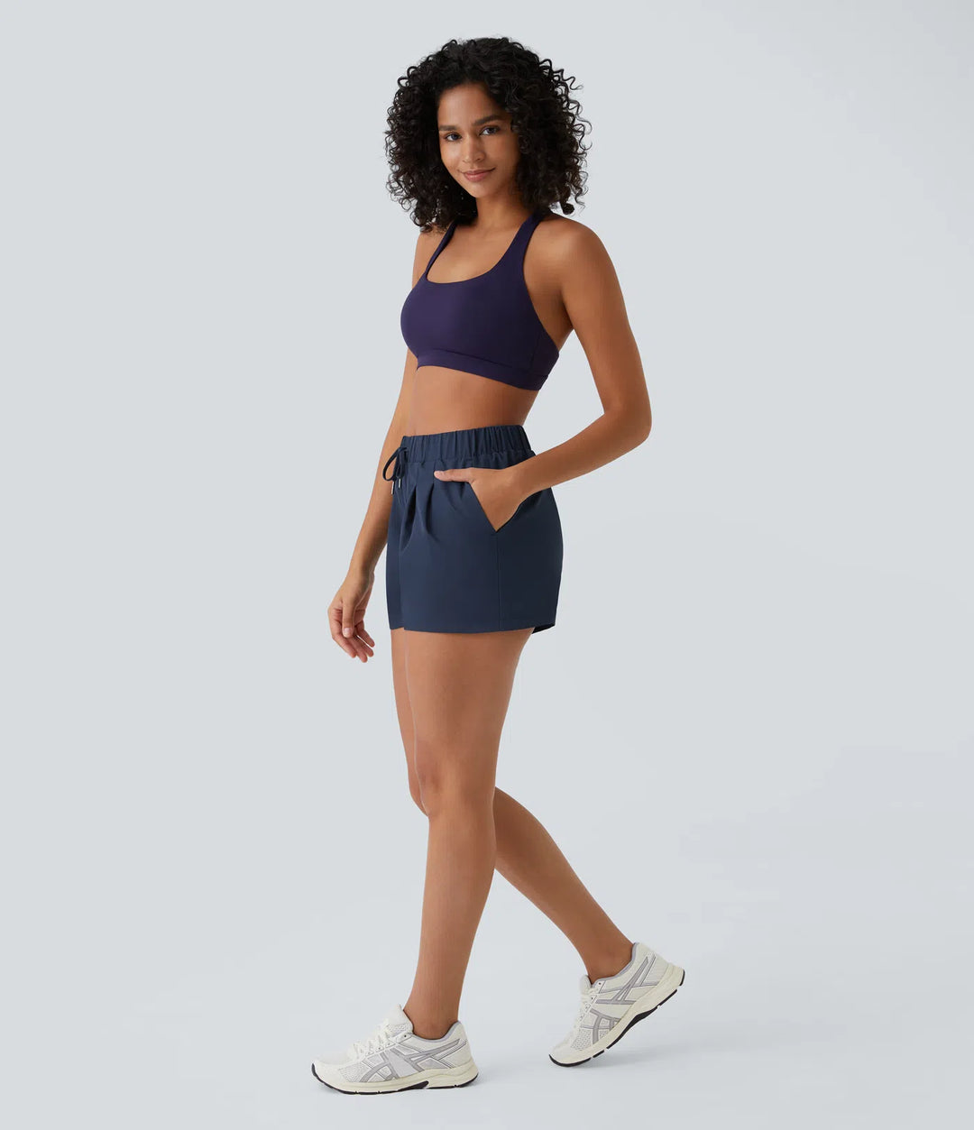 High Waisted Elastic Waistband Drawstring Pleated Yoga Shorts 3" with Pockets