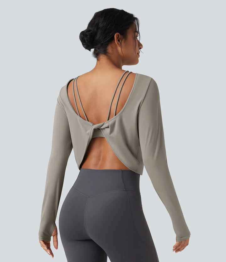 SoftlyZero QuickDry Backless Twist-back Long Sleeve Thumb Holes 2-in-1 Yoga Sports Top