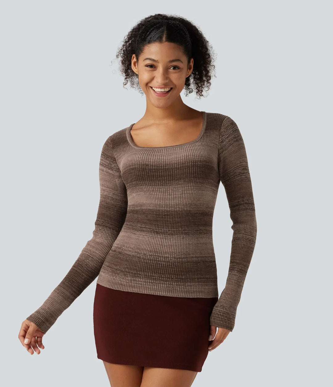 Square Neck Long Sleeve Gradient Stirpe Casual Jumper