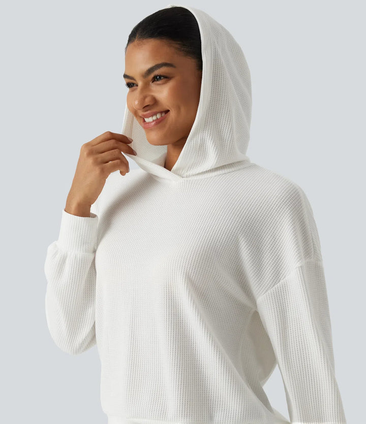 Hooded Drop Shoulder Long Sleeve Waffle Casual Sweatshirt