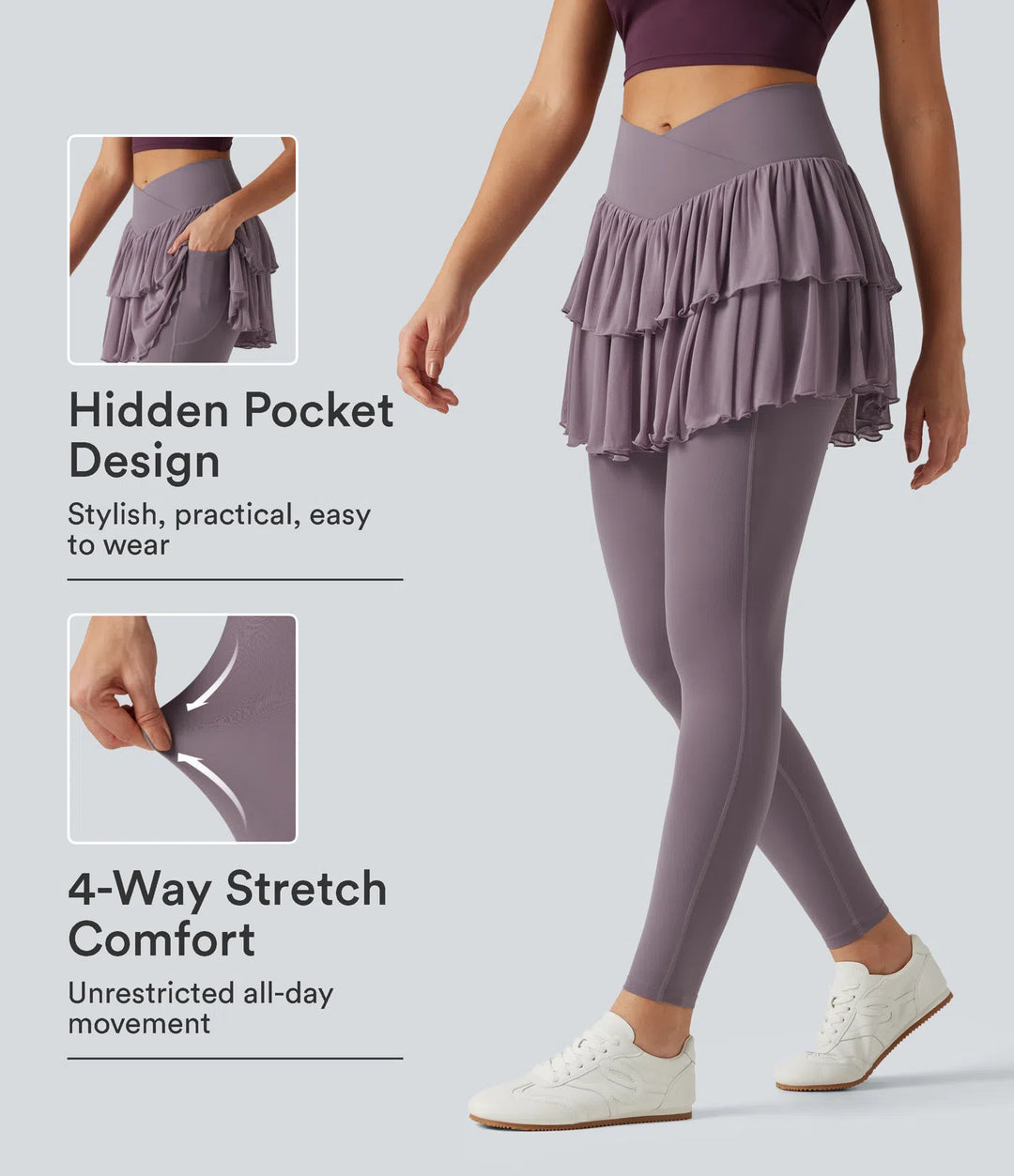 Softlyzero High Waisted Crossover Contrast Mesh Workout Skirted Leggings with Pockets