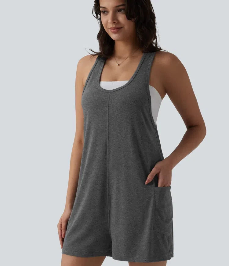 U Neck Heathered Casual Romper with Pockets