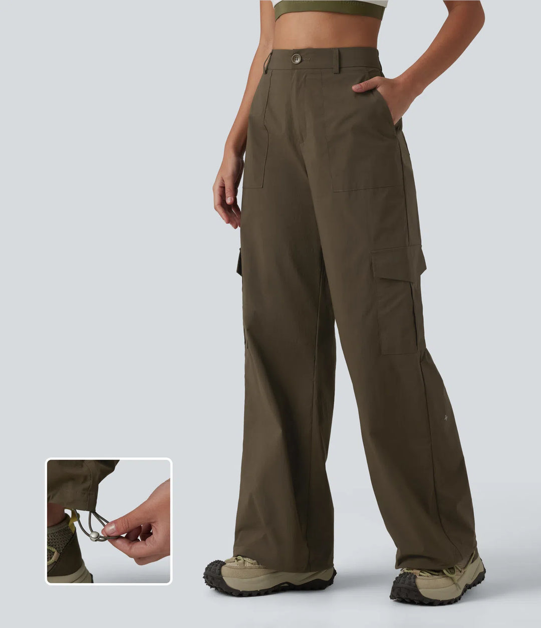 High Waisted Hiking Cargo Straight Leg Trousers with Pockets