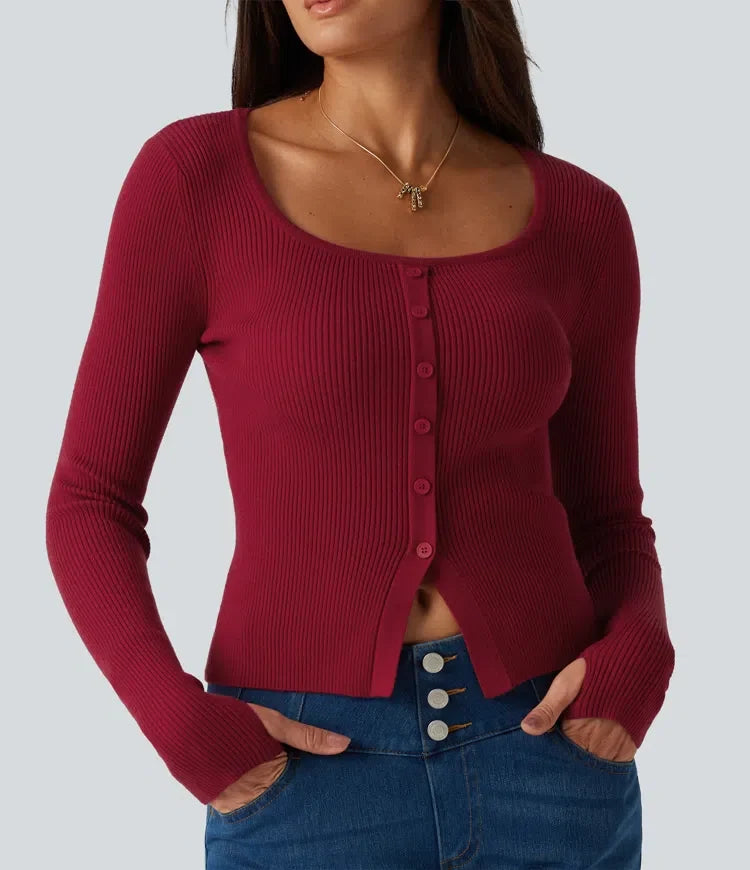 Square Neck Long Sleeve Thumb Hole Casual Jumper