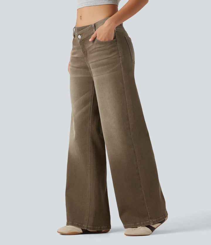 Low Rise Asymmetric Wide Leg colourful Casual Jeans with Pockets