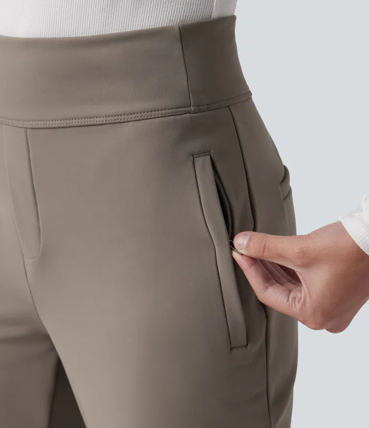 Mid Rise Fleece Work Flared Trousers with Zip Pockets