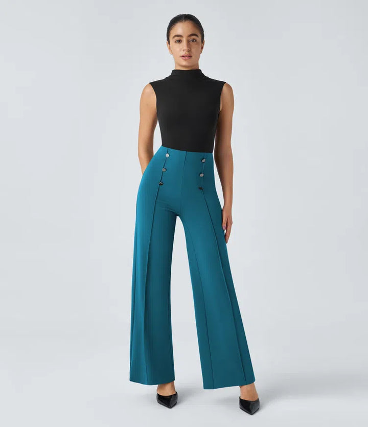 High Waisted Button Pocket Wide Leg Work Trousers