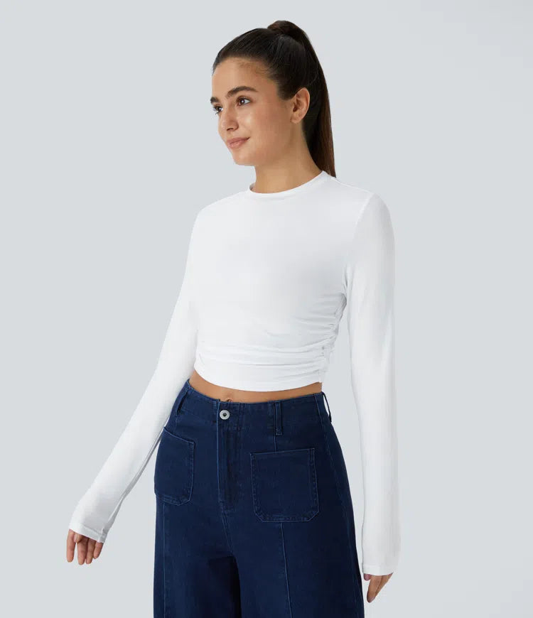Round Neck Long Sleeve Ruched Skinny Cropped Casual Top