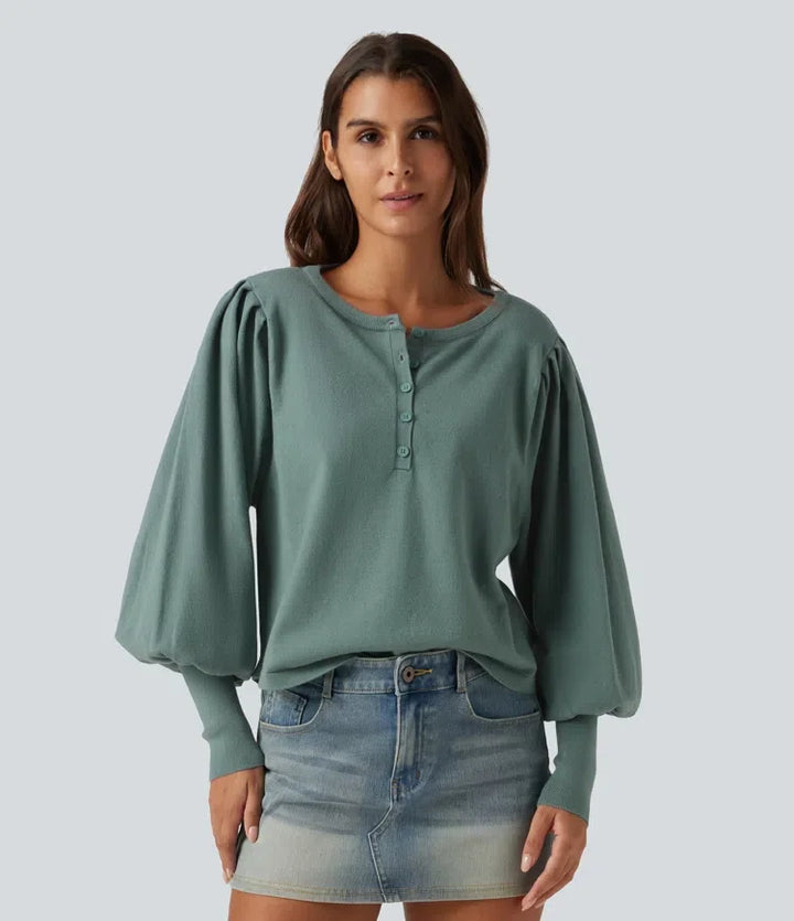 Henley Neck Puff Long Sleeve Relaxed Work Jumper
